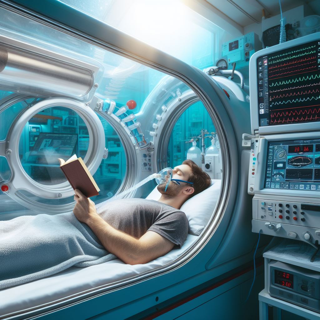 a man reading a book while receiving 
hyperbaric oxygen therapy